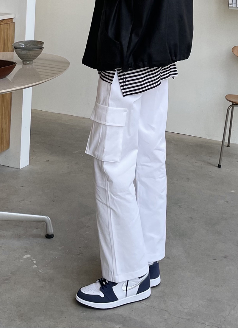 White cotton wide pants - 화이트 카고 일자핏 와이드 팬츠