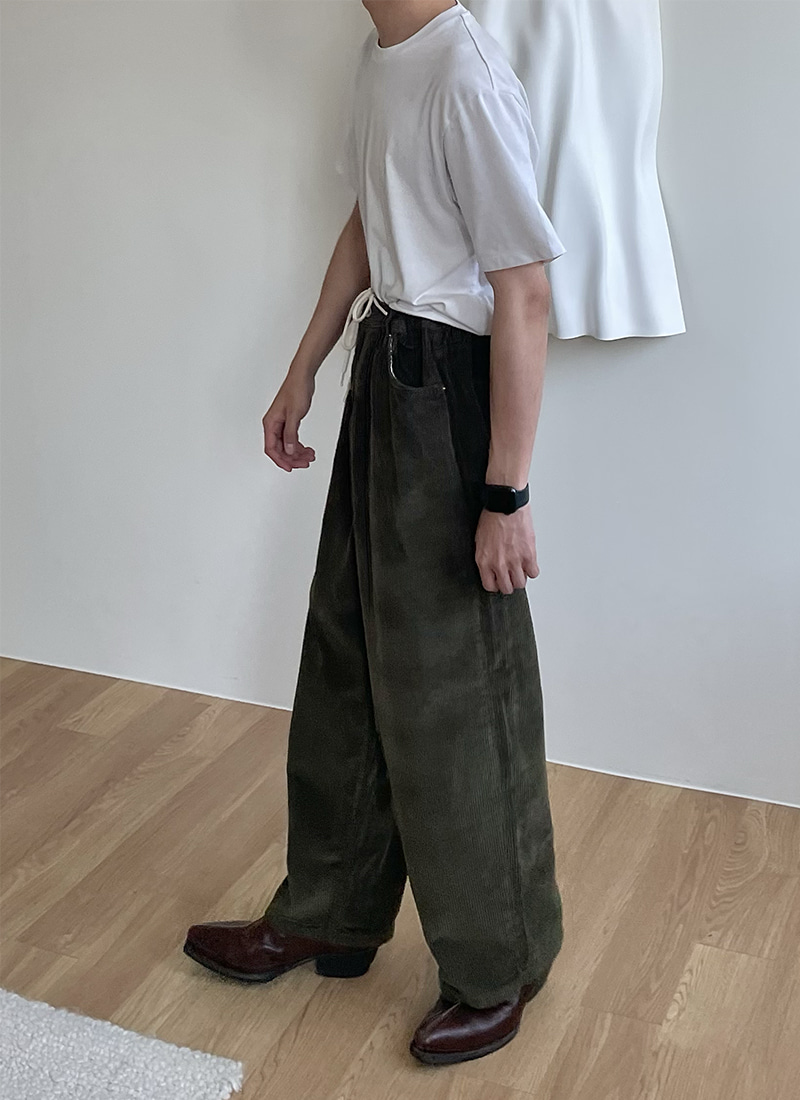 Cent】Over wide corduroy banding pants