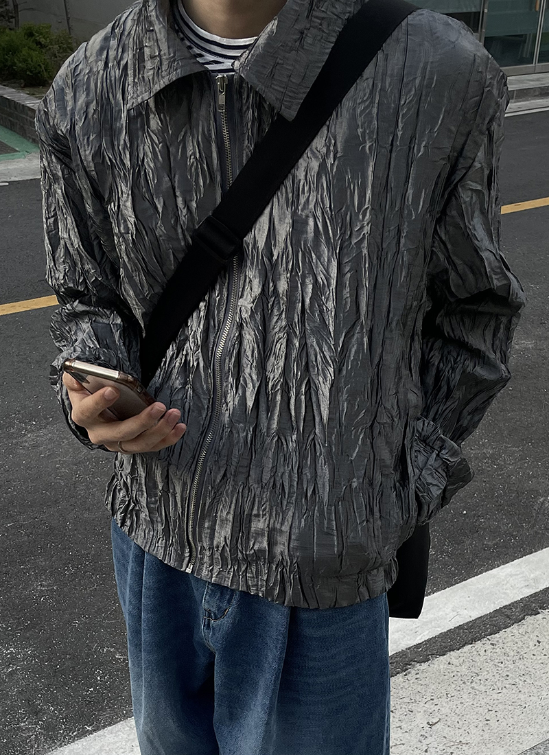 남자 링클 에어백 자켓 블루종 집업 플리츠 재킷